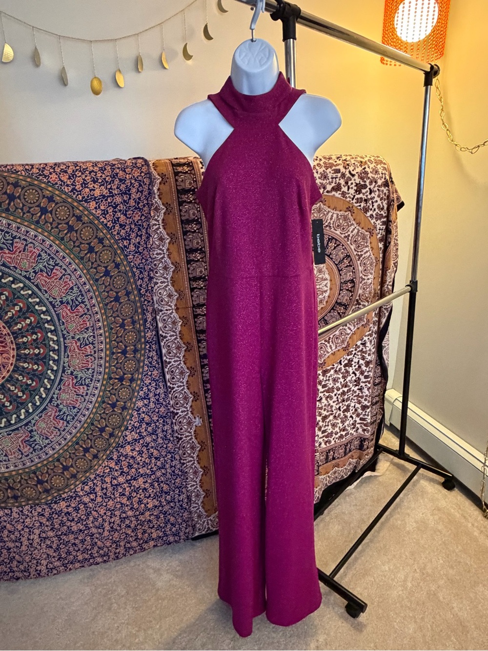 BeBe Fuchsia Halter Wide-Leg Jumpsuit